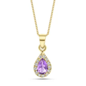 A drop-shaped halo pendant with an amethyst stone on a 14K gold chain.