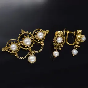 Antique Victorian 14K Gold Sea Pearl Brooch Pin Pendant & Earrings Set