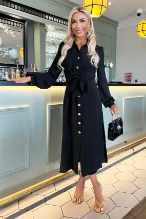 Black Button Front Tie Midi Shirt Dress