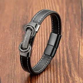 Black Leather Luxury Minimalist Bracelet with Micro CZ Inlay 9