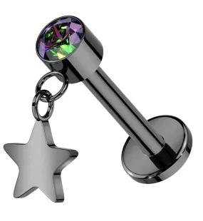 Black PVD Star Dangle Black Aurora CZ Titanium Threadless Labret