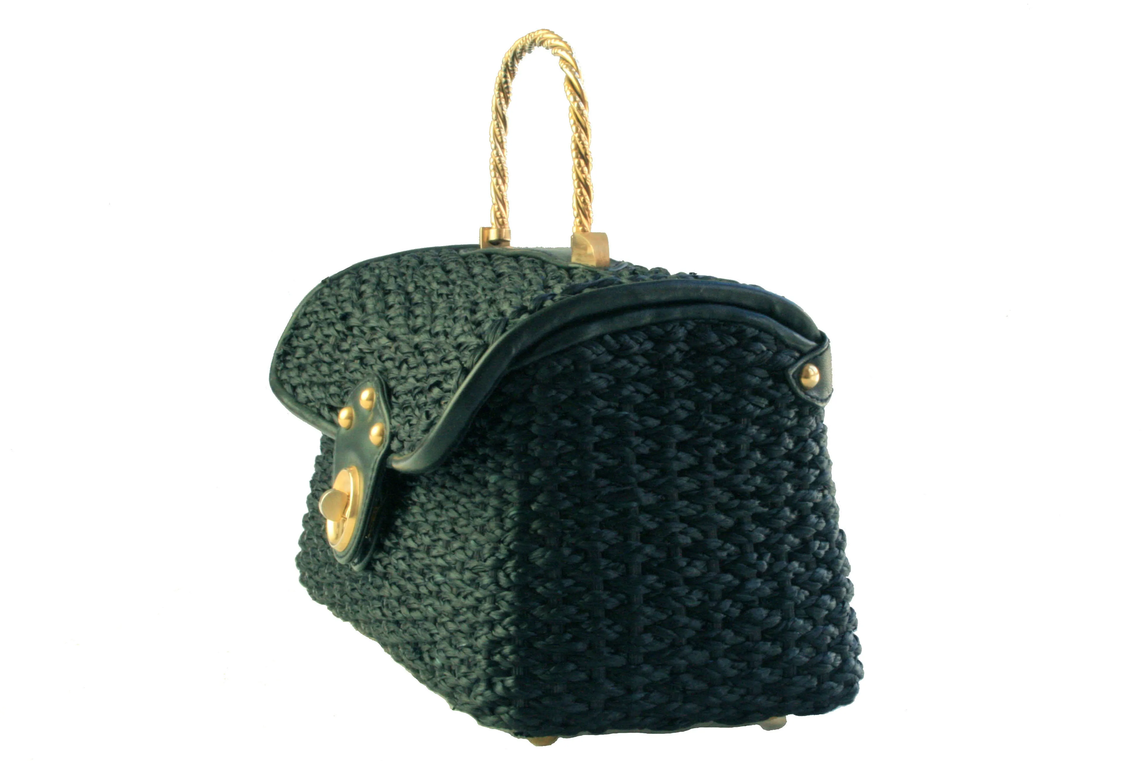 Black woven raffia box purse with metal handle