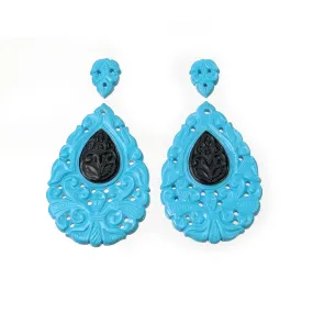 Blue TURQUOISE & Black Onyx Gemstone Carving : 68.35cts Synthetic Sleeping Beauty Turquoise Hand Carved Pear Shape 14*9mm - 48*32mm 4pcs