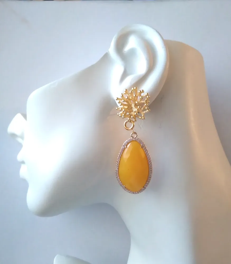 Branch Coral Stud with Haloed Yellow Jade Earrings