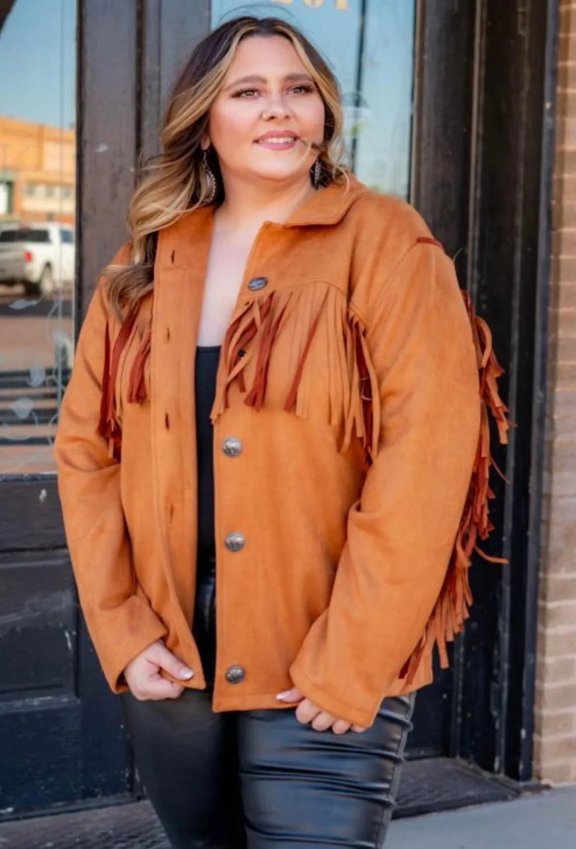 Camel suede fringe snap jacket   Plus