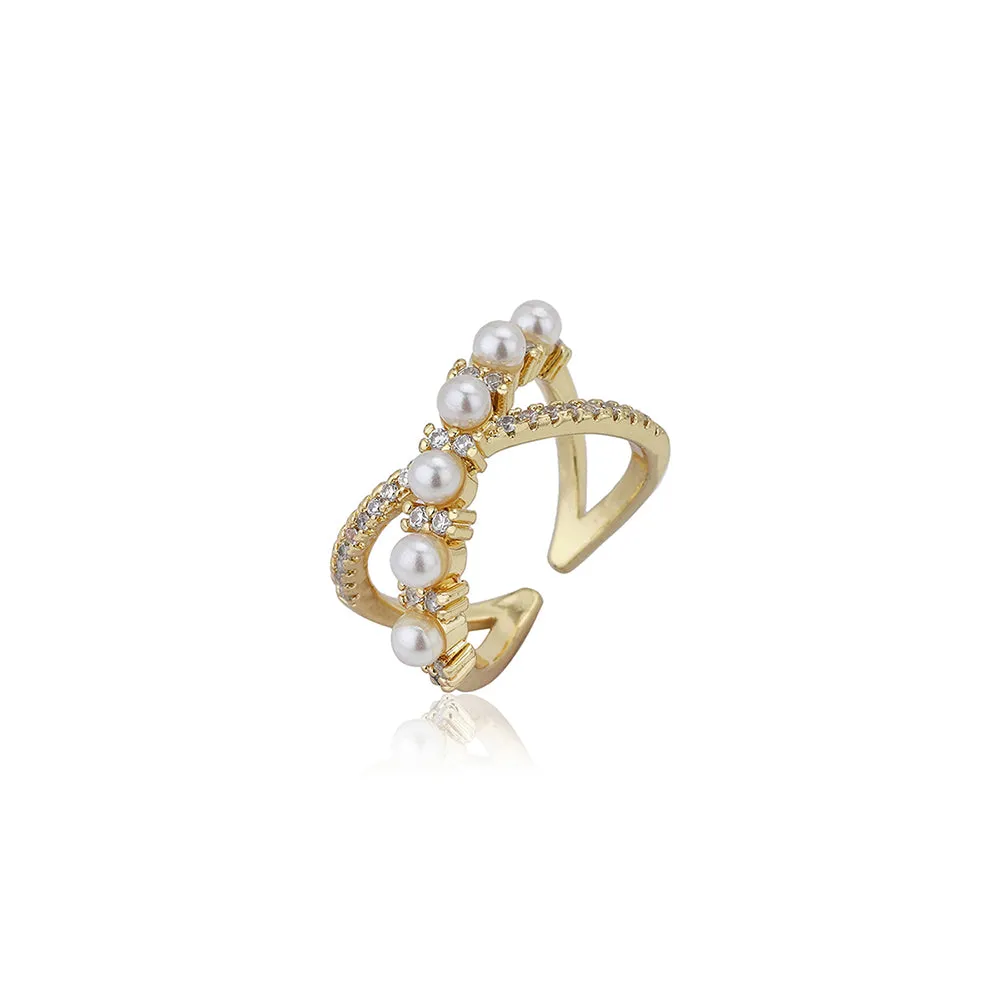 Carlton London Premium Gold Plated Pearl & Cz Studded Contemporary Adjustable Finger Ring For Women