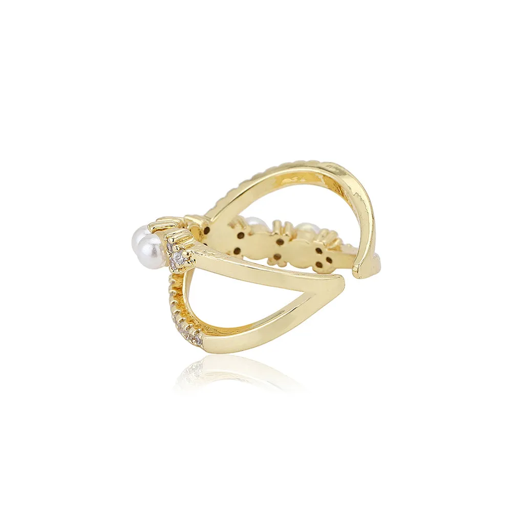 Carlton London Premium Gold Plated Pearl & Cz Studded Contemporary Adjustable Finger Ring For Women