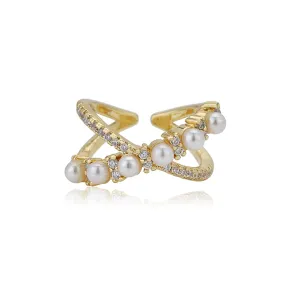 Carlton London Premium Gold Plated Pearl & Cz Studded Contemporary Adjustable Finger Ring For Women