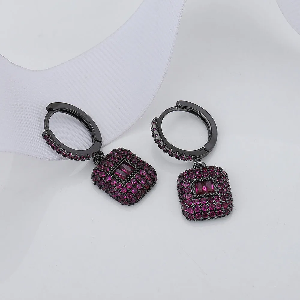 Carlton London Premium Jwlry-Metallic & Pink Toned Cz Studded Silver-Plated Square Shaped Oxidised Drop Earrings Fje4151