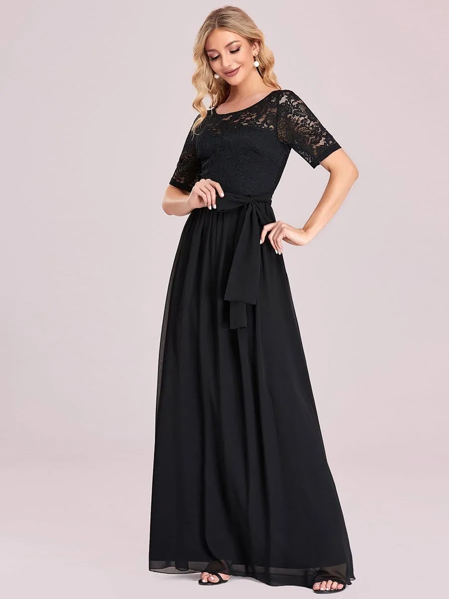 Elegant Lace Bodice Chiffon Maxi Evening Dress with Belt