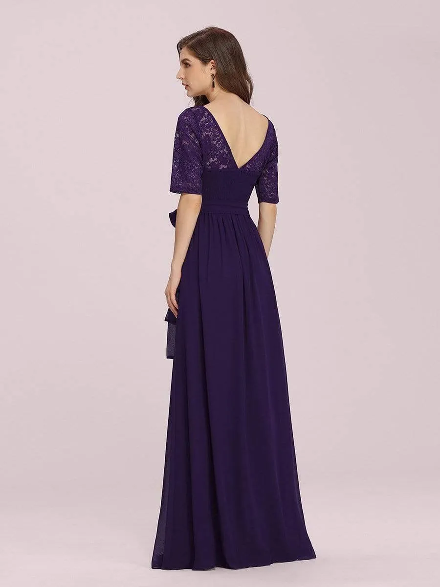 Elegant Lace Bodice Chiffon Maxi Evening Dress with Belt