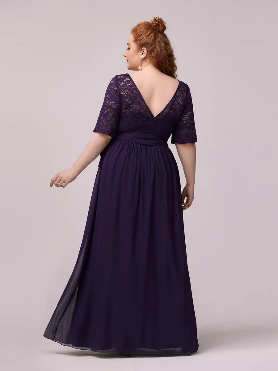 Elegant Lace Bodice Chiffon Maxi Evening Dress with Belt