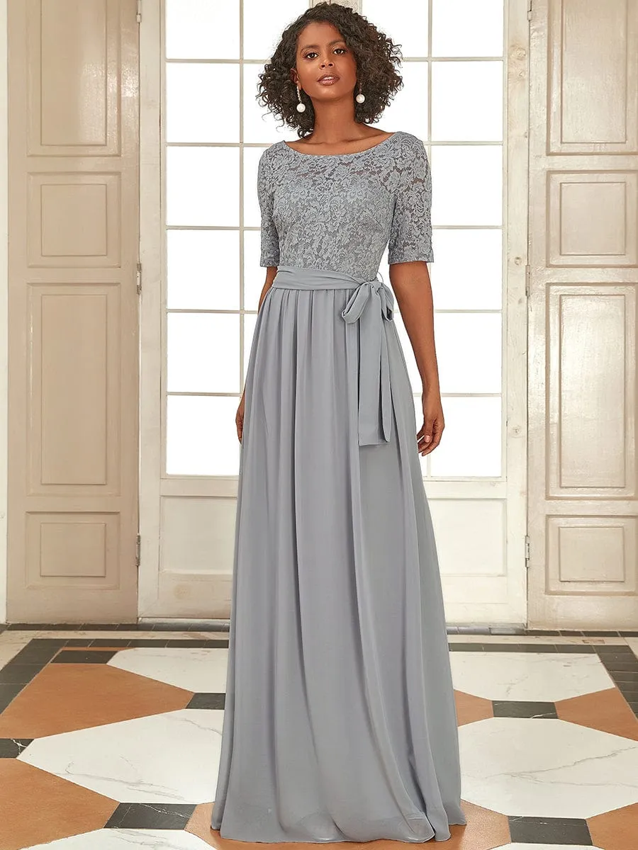 Elegant Lace Bodice Chiffon Maxi Evening Dress with Belt