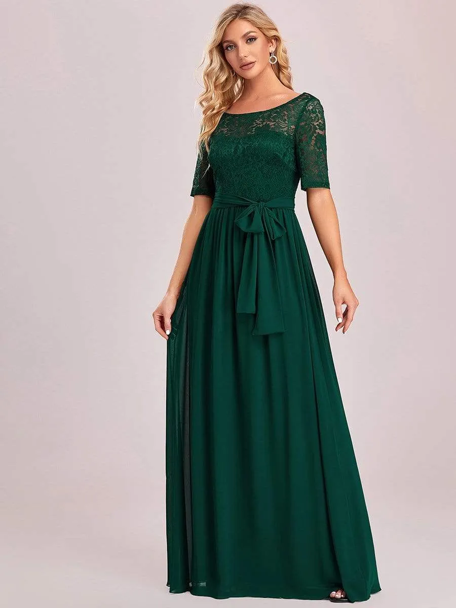 Elegant Lace Bodice Chiffon Maxi Evening Dress with Belt