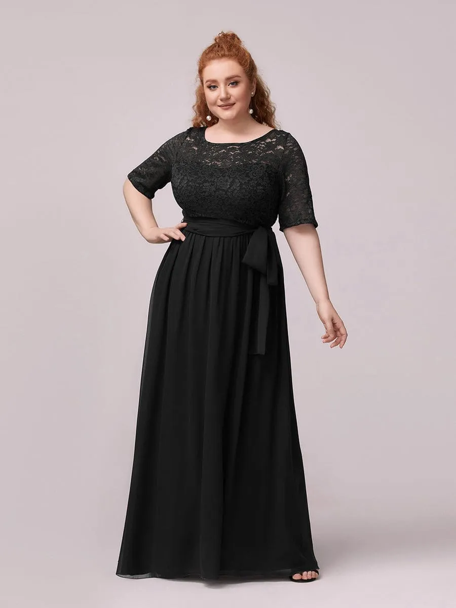 Elegant Lace Bodice Chiffon Maxi Evening Dress with Belt