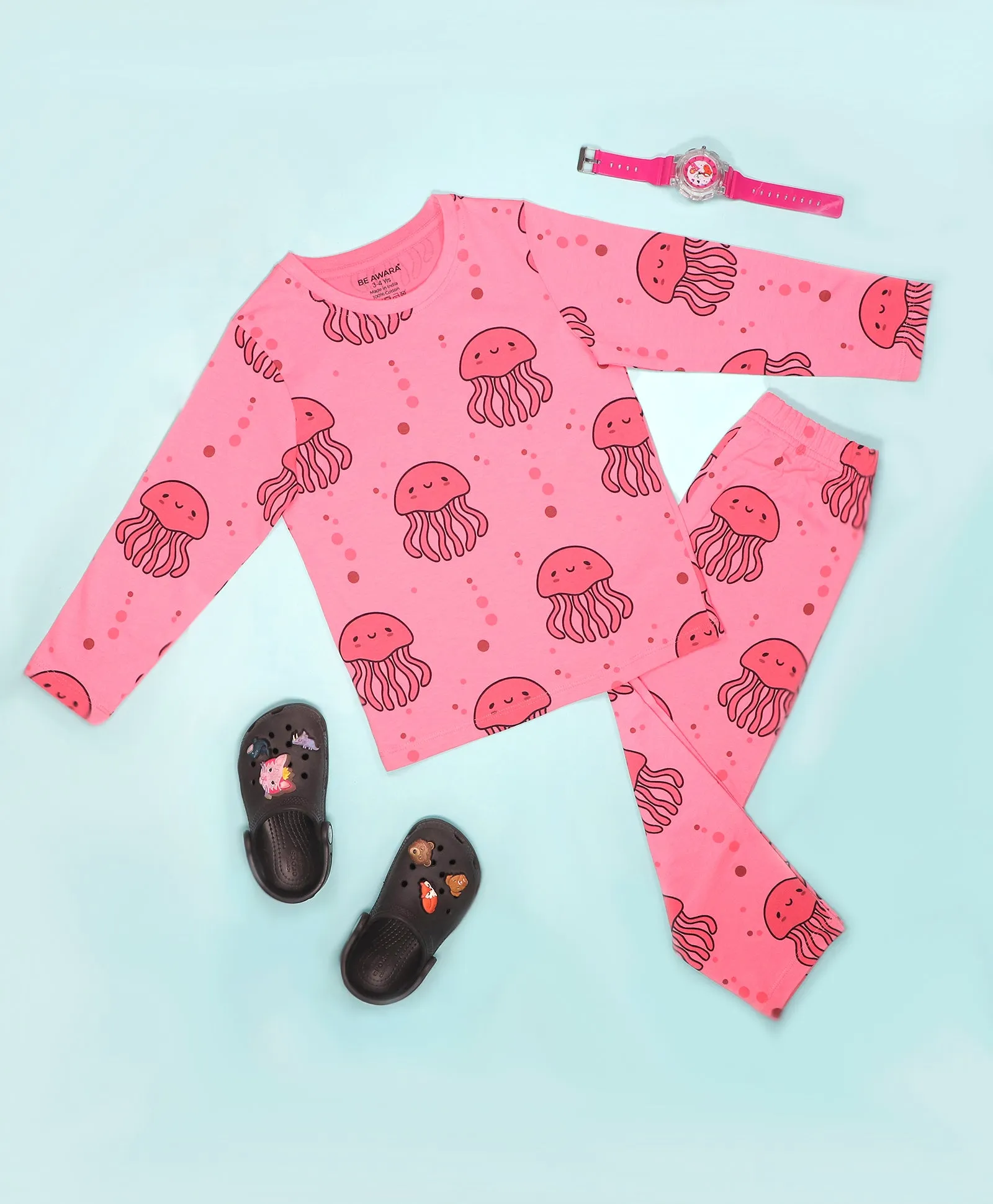 Jelly Fish Pattern Full Sleeves T-Shirt & Pajama Set