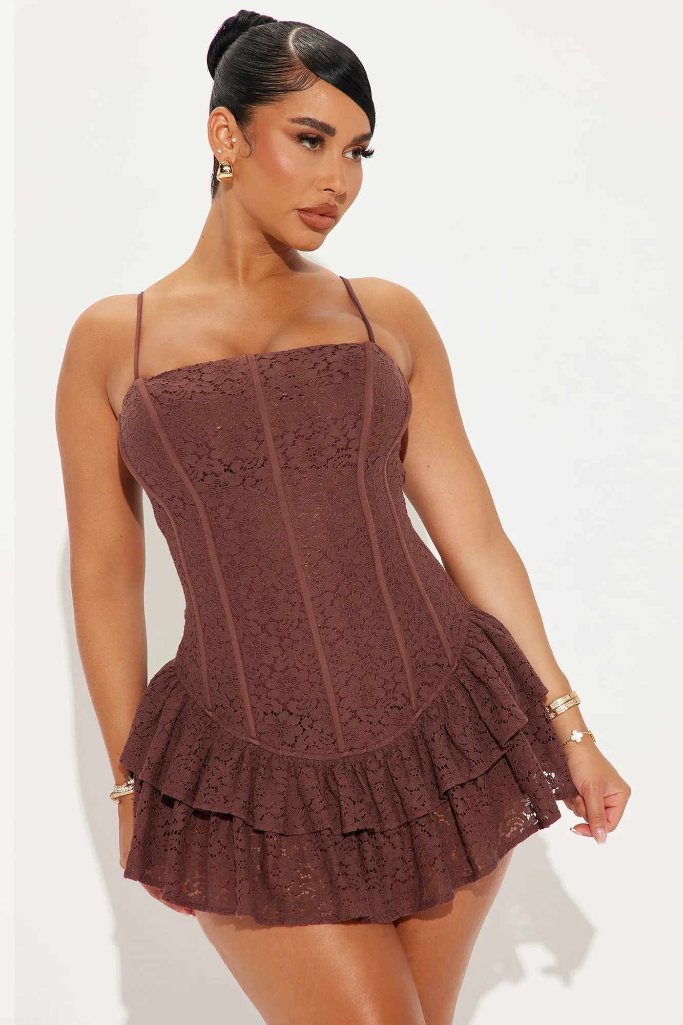 Lavish and Lovely Lace Mini Dress - Chocolate