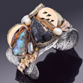 Margaret Barnaby Sterling Silver & 18K Gold Opal Multi-Stone Cuff Bracelet 9386