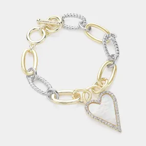 Mother Of Pearl Heart Charm 14K Gold Plated Two Tone Metal Link Toggle Bracelet