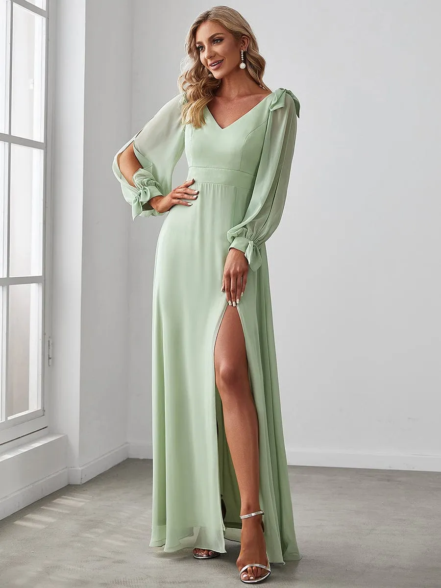 Open Lantern Sleeve A-Line Bridesmaid Dress