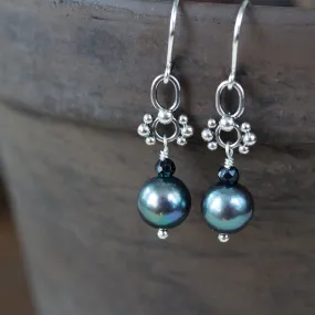 Short Black Pearl Earrings, Natural Peacock Black Freshwater Pearl Silver Dangle